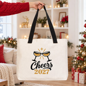 Christmas Canvas Tote Bags Bulk – 18" × 14" × 3" (45 × 35 × 8 cm) with Beige, Red or Black Knitted Handles, 9 Happy New Year 2027 Designs - Pamusan.com