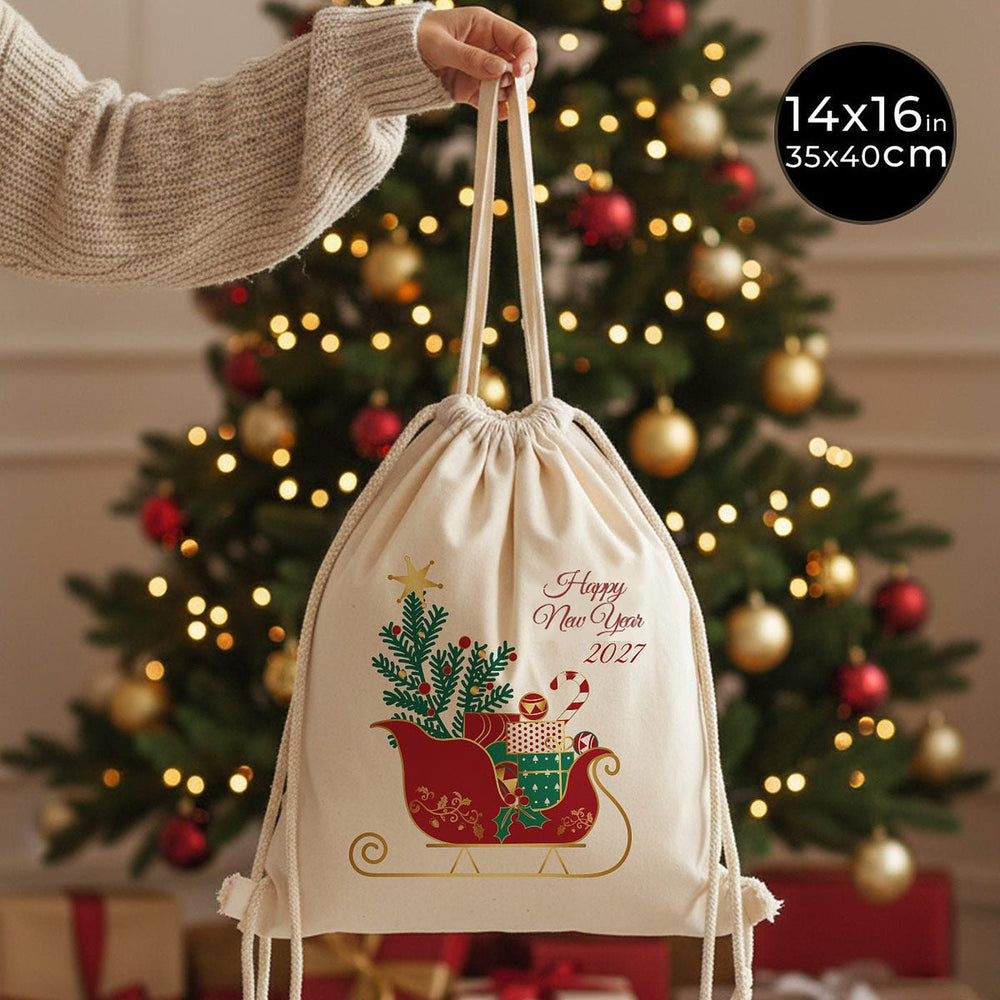 Mochila saco de Navidad 35 × 40 cm – algodón natural con cordón y diseño de trineo Happy New Year 2027 – Pamusan.es