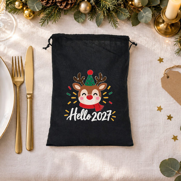Christmas Drawstring Gift Bags Bulk – 12" × 16" (30 × 40 cm) Cotton Bags in Red, Black or Natural, 9 Holiday & New Year 2027 Designs - Pamusan.com