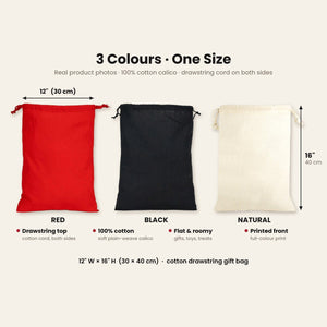 Christmas Drawstring Gift Bags Bulk – 12" × 16" (30 × 40 cm) Cotton Bags in Red, Black or Natural, 9 Holiday & New Year 2027 Designs - Pamusan.com