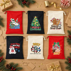 Christmas Drawstring Gift Bags Bulk – 12" × 16" (30 × 40 cm) Cotton Bags in Red, Black or Natural, 9 Holiday & New Year 2027 Designs - Pamusan.com