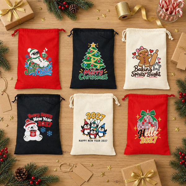 Christmas Drawstring Gift Bags Bulk – 12" × 16" (30 × 40 cm) Cotton Bags in Red, Black or Natural, 9 Holiday & New Year 2027 Designs - Pamusan.com