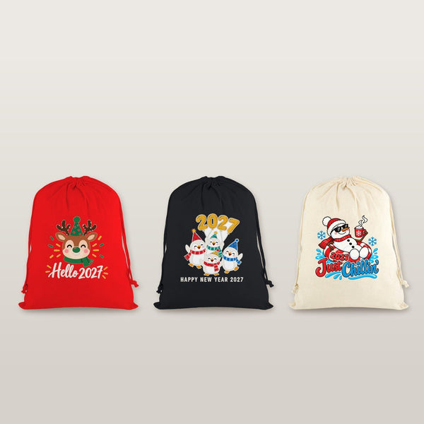 Christmas Drawstring Gift Bags Bulk – 12" × 16" (30 × 40 cm) Cotton Bags in Red, Black or Natural, 9 Holiday & New Year 2027 Designs - Pamusan.com
