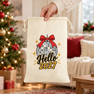 Christmas Drawstring Gift Bags Bulk – 12" × 16" (30 × 40 cm) Cotton Bags in Red, Black or Natural, 9 Holiday & New Year 2027 Designs - Pamusan.com