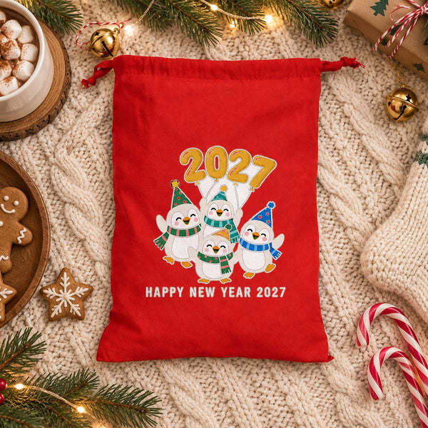 Christmas Drawstring Gift Bags Bulk – 12" × 16" (30 × 40 cm) Cotton Bags in Red, Black or Natural, 9 Holiday & New Year 2027 Designs - Pamusan.com