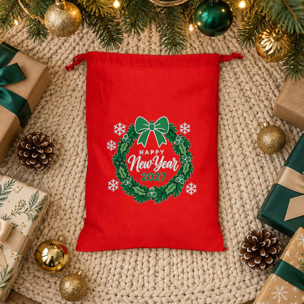 Christmas Drawstring Gift Bags Bulk – 12" × 16" (30 × 40 cm) Cotton Bags in Red, Black or Natural, 9 Holiday & New Year 2027 Designs - Pamusan.com