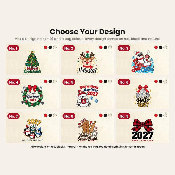 Christmas Drawstring Gift Bags Bulk – 12" × 16" (30 × 40 cm) Cotton Bags in Red, Black or Natural, 9 Holiday & New Year 2027 Designs - Pamusan.com