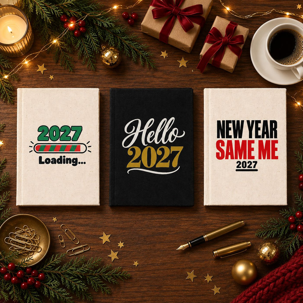 Christmas Journal Bulk – Canvas Notebook A5 5.5" × 7.9" (14 × 20 cm), 9 Holiday & New Year 2027 Designs, Natural or Black Cover - Pamusan.com