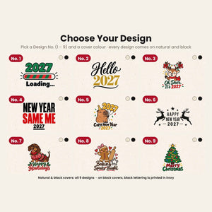 Christmas Journal Bulk – Canvas Notebook A5 5.5" × 7.9" (14 × 20 cm), 9 Holiday & New Year 2027 Designs, Natural or Black Cover - Pamusan.com