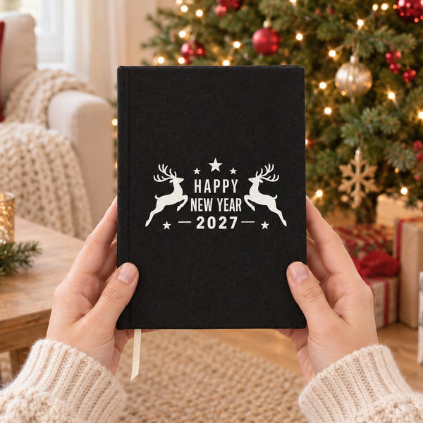 Christmas Journal Bulk – Canvas Notebook A5 5.5" × 7.9" (14 × 20 cm), 9 Holiday & New Year 2027 Designs, Natural or Black Cover - Pamusan.com
