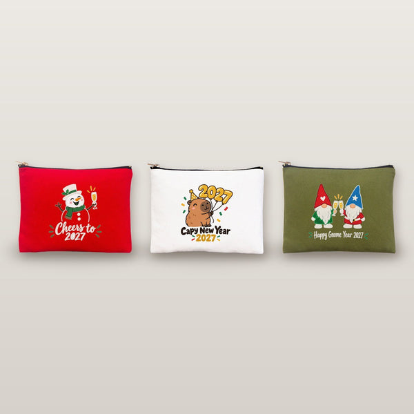 Neceser de maquillaje de Navidad – 9 diseños de Navidad y Año Nuevo 2027, con cremallera 21 × 15 cm – algodón - Pamusan.es
