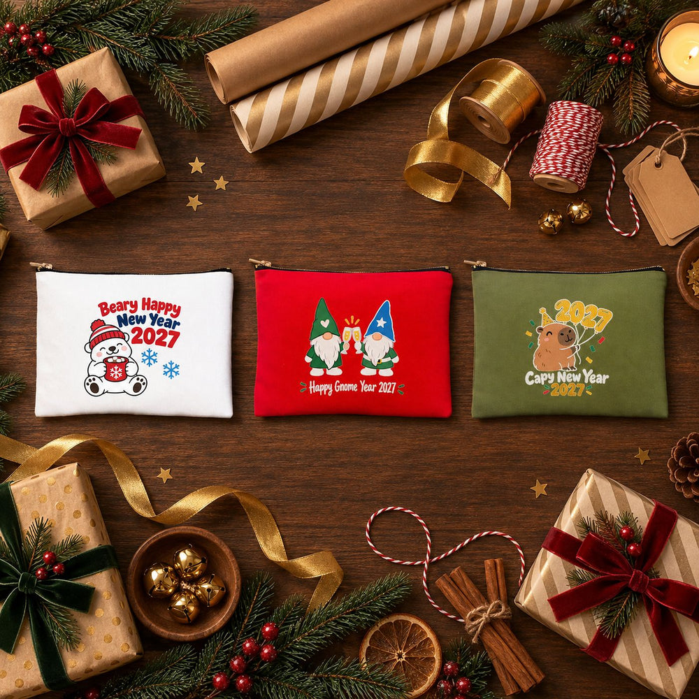 Neceser de maquillaje de Navidad – 9 diseños de Navidad y Año Nuevo 2027, con cremallera 21 × 15 cm – algodón