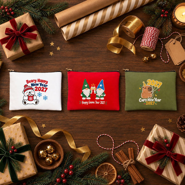 Neceser de maquillaje de Navidad – 9 diseños de Navidad y Año Nuevo 2027, con cremallera 21 × 15 cm – algodón - Pamusan.es