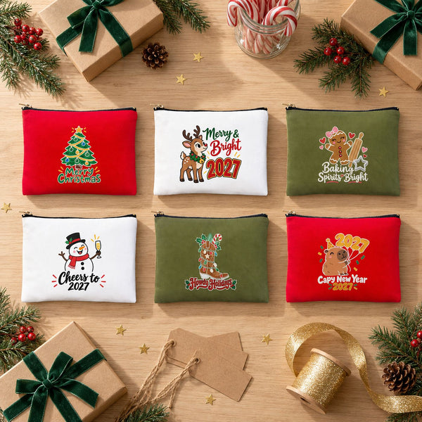 Neceser de maquillaje de Navidad – 9 diseños de Navidad y Año Nuevo 2027, con cremallera 21 × 15 cm – algodón - Pamusan.es