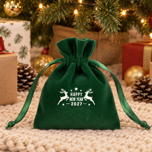 Christmas Party Favors – Velvet Gift Bags 4" × 5" (10 × 13 cm) with Rose Top Drawstring, Red, Green or Black, 9 Holiday & New Year 2027 Designs - Pamusan.com