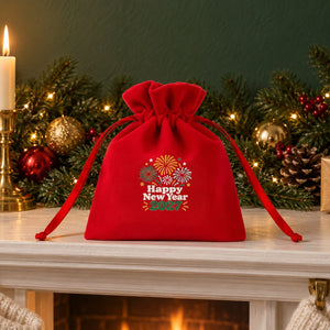 Christmas Party Favors – Velvet Gift Bags 4" × 5" (10 × 13 cm) with Rose Top Drawstring, Red, Green or Black, 9 Holiday & New Year 2027 Designs - Pamusan.com