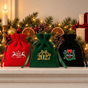 Christmas Party Favors – Velvet Gift Bags 4" × 5" (10 × 13 cm) with Rose Top Drawstring, Red, Green or Black, 9 Holiday & New Year 2027 Designs - Pamusan.com