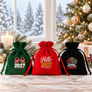 Christmas Party Favors – Velvet Gift Bags 4" × 5" (10 × 13 cm) with Rose Top Drawstring, Red, Green or Black, 9 Holiday & New Year 2027 Designs - Pamusan.com