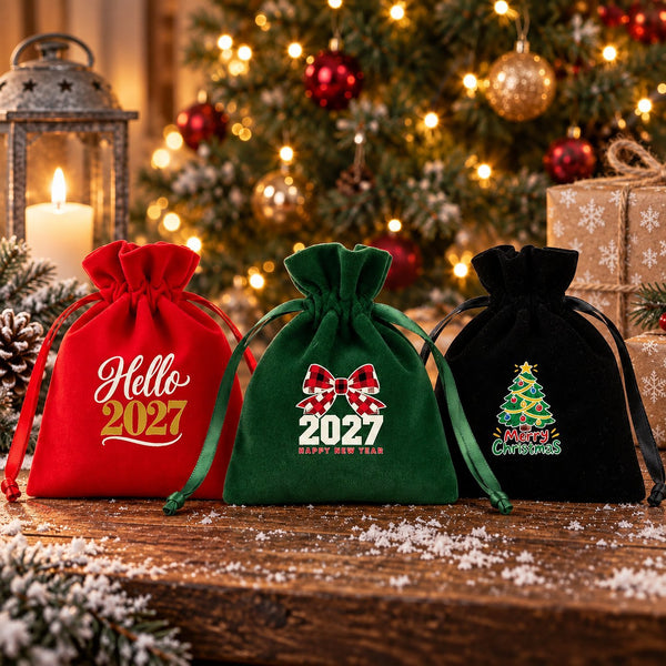 Christmas Party Favors – Velvet Gift Bags 4" × 5" (10 × 13 cm) with Rose Top Drawstring, Red, Green or Black, 9 Holiday & New Year 2027 Designs - Pamusan.com
