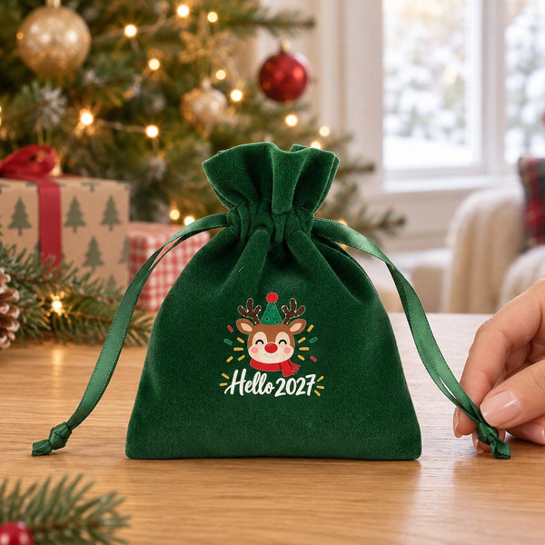 Christmas Party Favors – Velvet Gift Bags 4" × 5" (10 × 13 cm) with Rose Top Drawstring, Red, Green or Black, 9 Holiday & New Year 2027 Designs - Pamusan.com