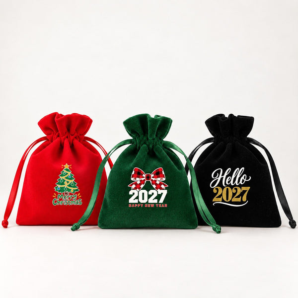 Christmas Party Favors – Velvet Gift Bags 4" × 5" (10 × 13 cm) with Rose Top Drawstring, Red, Green or Black, 9 Holiday & New Year 2027 Designs - Pamusan.com