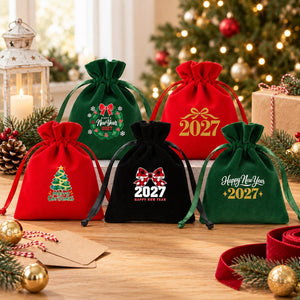 Christmas Party Favors – Velvet Gift Bags 4" × 5" (10 × 13 cm) with Rose Top Drawstring, Red, Green or Black, 9 Holiday & New Year 2027 Designs - Pamusan.com