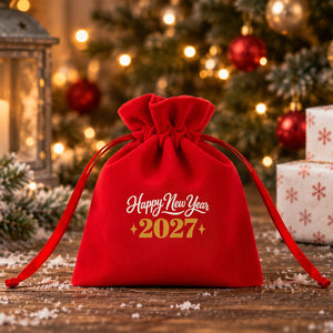 Christmas Party Favors – Velvet Gift Bags 4" × 5" (10 × 13 cm) with Rose Top Drawstring, Red, Green or Black, 9 Holiday & New Year 2027 Designs - Pamusan.com