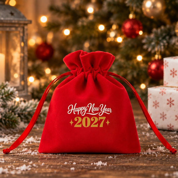 Christmas Party Favors – Velvet Gift Bags 4" × 5" (10 × 13 cm) with Rose Top Drawstring, Red, Green or Black, 9 Holiday & New Year 2027 Designs - Pamusan.com