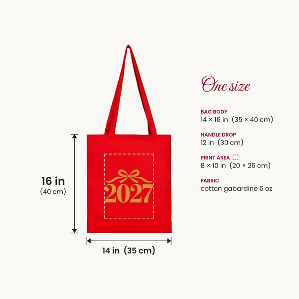 Christmas Tote Bags Bulk – 14" × 16" (35 × 40 cm) Cotton Gabardine Totes in Natural, Red or Black, 9 Happy New Year 2027 Designs - Pamusan.com