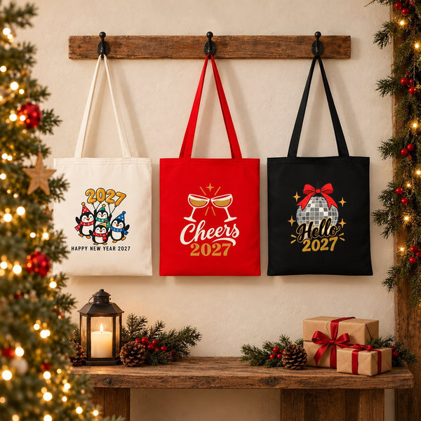 Christmas Tote Bags Bulk – 14" × 16" (35 × 40 cm) Cotton Gabardine Totes in Natural, Red or Black, 9 Happy New Year 2027 Designs - Pamusan.com