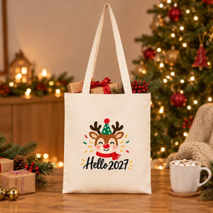 Christmas Tote Bags Bulk – 14" × 16" (35 × 40 cm) Cotton Gabardine Totes in Natural, Red or Black, 9 Happy New Year 2027 Designs - Pamusan.com