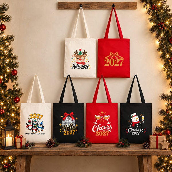 Christmas Tote Bags Bulk – 14" × 16" (35 × 40 cm) Cotton Gabardine Totes in Natural, Red or Black, 9 Happy New Year 2027 Designs - Pamusan.com