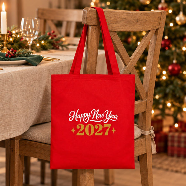 Christmas Tote Bags Bulk – 14" × 16" (35 × 40 cm) Cotton Gabardine Totes in Natural, Red or Black, 9 Happy New Year 2027 Designs - Pamusan.com