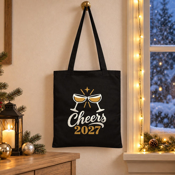 Christmas Tote Bags Bulk – 14" × 16" (35 × 40 cm) Cotton Gabardine Totes in Natural, Red or Black, 9 Happy New Year 2027 Designs - Pamusan.com