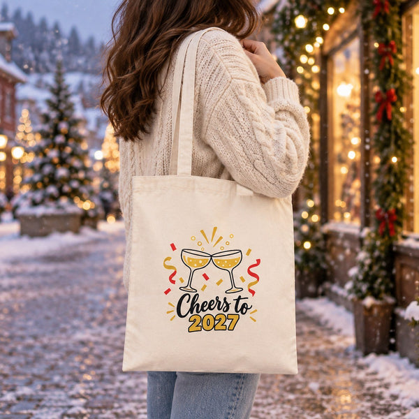 Christmas Tote Bags Bulk – 14" × 16" (35 × 40 cm) Cotton Gabardine Totes in Natural, Red or Black, 9 Happy New Year 2027 Designs - Pamusan.com