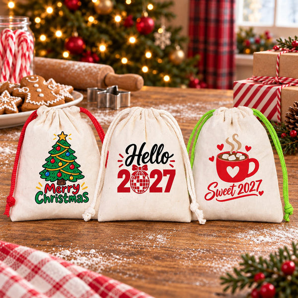 Christmas Treat Bags Bulk – Small Cotton Muslin Drawstring Gift Bags 4" × 5" (10 × 13 cm), Red, Green or Natural Cord, 9 Holiday & New Year 2027 Designs - Pamusan.com