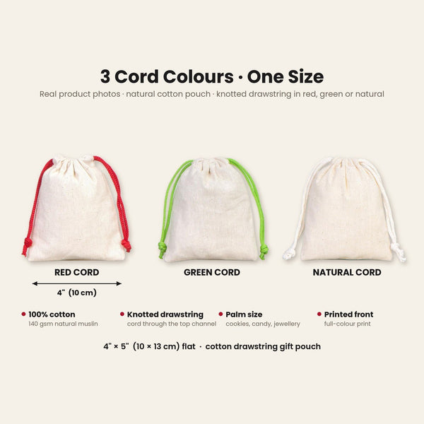 Christmas Treat Bags Bulk – Small Cotton Muslin Drawstring Gift Bags 4" × 5" (10 × 13 cm), Red, Green or Natural Cord, 9 Holiday & New Year 2027 Designs - Pamusan.com