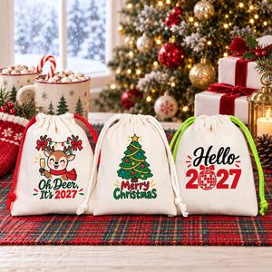 Christmas Treat Bags Bulk – Small Cotton Muslin Drawstring Gift Bags 4" × 5" (10 × 13 cm), Red, Green or Natural Cord, 9 Holiday & New Year 2027 Designs - Pamusan.com