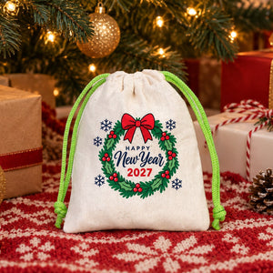 Christmas Treat Bags Bulk – Small Cotton Muslin Drawstring Gift Bags 4" × 5" (10 × 13 cm), Red, Green or Natural Cord, 9 Holiday & New Year 2027 Designs - Pamusan.com