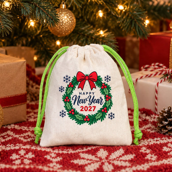 Christmas Treat Bags Bulk – Small Cotton Muslin Drawstring Gift Bags 4" × 5" (10 × 13 cm), Red, Green or Natural Cord, 9 Holiday & New Year 2027 Designs - Pamusan.com
