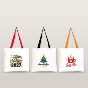 Colorful Tote Bags Bulk – Christmas & New Year 2027 Cotton Totes 16" × 14" (40 × 35 cm) with Black, Red or Orange Handles, 9 Designs - Pamusan.com