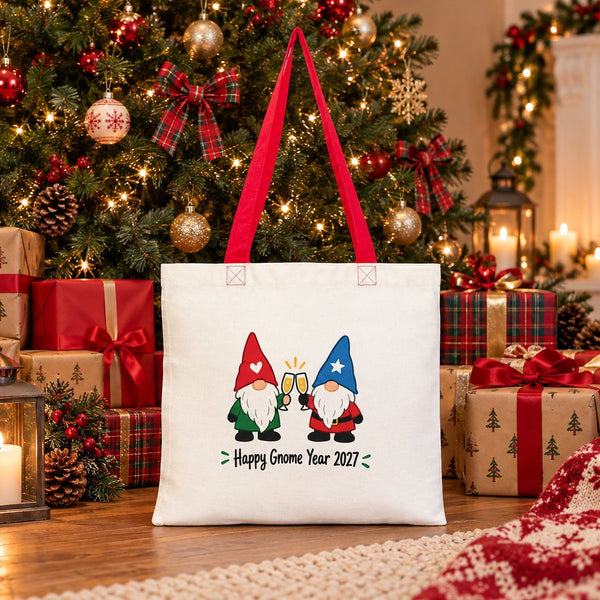Colorful Tote Bags Bulk – Christmas & New Year 2027 Cotton Totes 16" × 14" (40 × 35 cm) with Black, Red or Orange Handles, 9 Designs - Pamusan.com