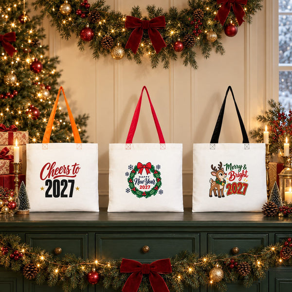 Colorful Tote Bags Bulk – Christmas & New Year 2027 Cotton Totes 16" × 14" (40 × 35 cm) with Black, Red or Orange Handles, 9 Designs - Pamusan.com