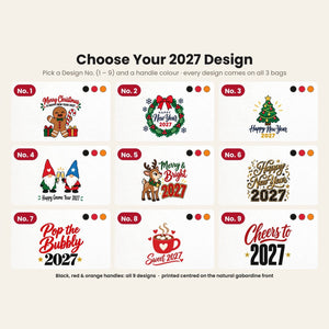 Colorful Tote Bags Bulk – Christmas & New Year 2027 Cotton Totes 16" × 14" (40 × 35 cm) with Black, Red or Orange Handles, 9 Designs - Pamusan.com