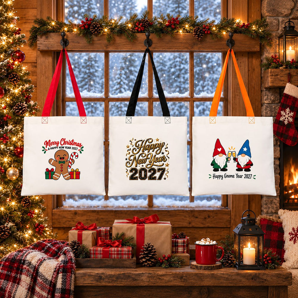Tote bag navideña con asas de colores – bolsa de algodón 40 × 35 cm, asas negras, rojas o naranjas, 9 diseños de Navidad y Año Nuevo 2027 - Pamusan.es