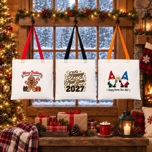 Colorful Tote Bags Bulk – Christmas & New Year 2027 Cotton Totes 16" × 14" (40 × 35 cm) with Black, Red or Orange Handles, 9 Designs - Pamusan.com