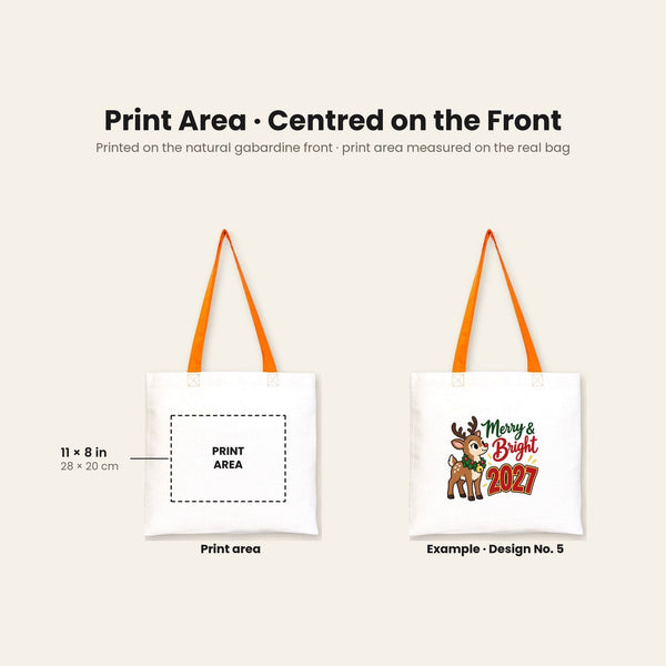Colorful Tote Bags Bulk – Christmas & New Year 2027 Cotton Totes 16" × 14" (40 × 35 cm) with Black, Red or Orange Handles, 9 Designs - Pamusan.com