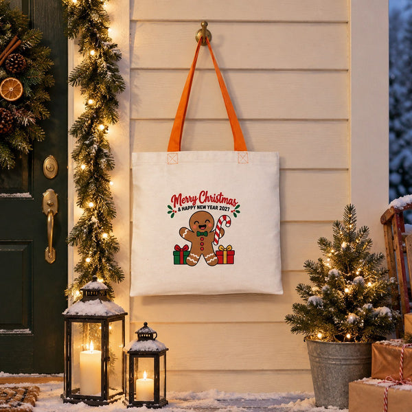 Colorful Tote Bags Bulk – Christmas & New Year 2027 Cotton Totes 16" × 14" (40 × 35 cm) with Black, Red or Orange Handles, 9 Designs - Pamusan.com