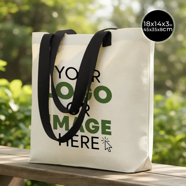 Bolsa de lona personalizada con asas tejidas negras, tu logo, 45x35x8 cm - Pamusan