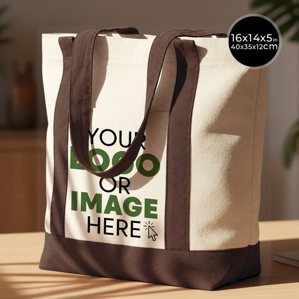 Tote bag personalizada con asas marrón oscuro – tu logo o imagen impresa en la parte delantera, 40 × 35 × 12 cm - Pamusan.es